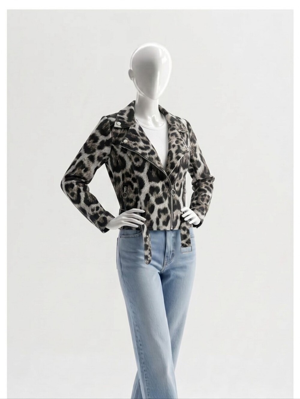 Leopard-Print Moto Jacket - Black & White